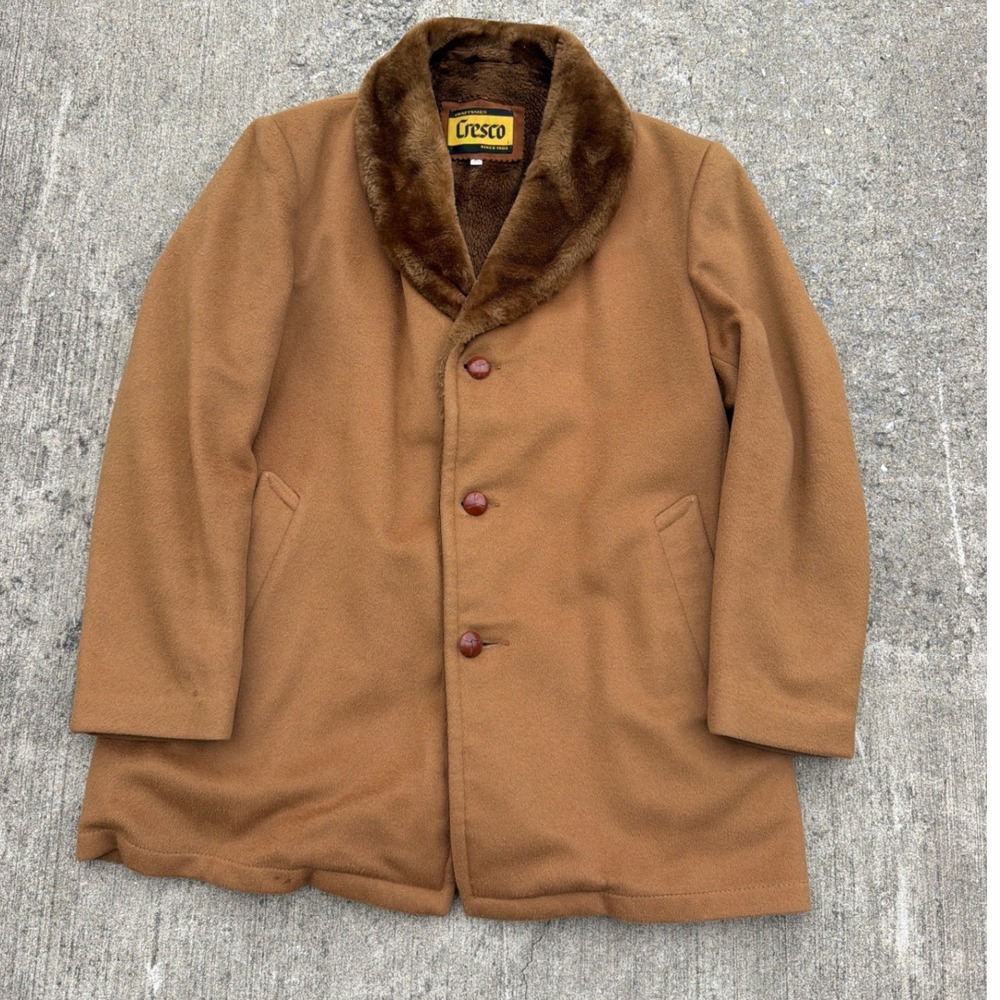Vintage Cresco Men 44 Wool Car Coat Faux Fur Shawl Collar Camel Brown Pile Lined